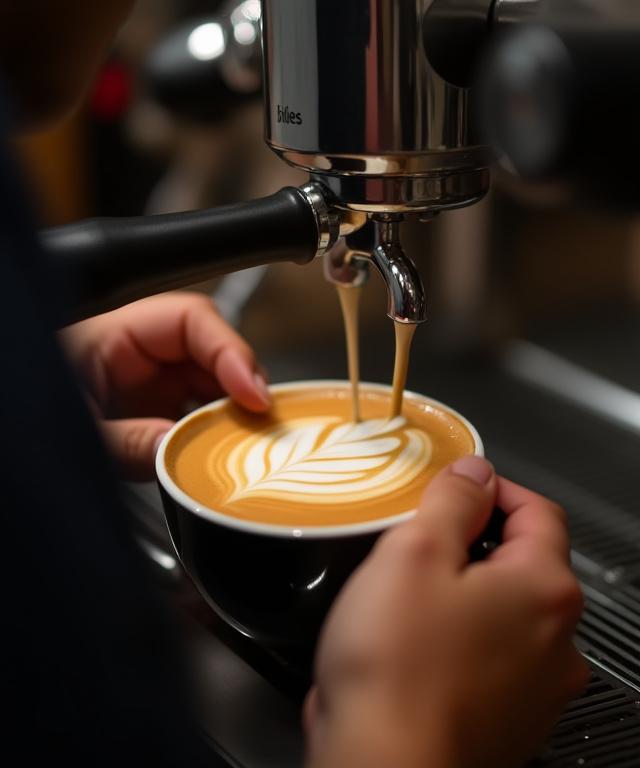 Ein Barista bei der Zubereitung von Latte Art auf einem Cappuccino.